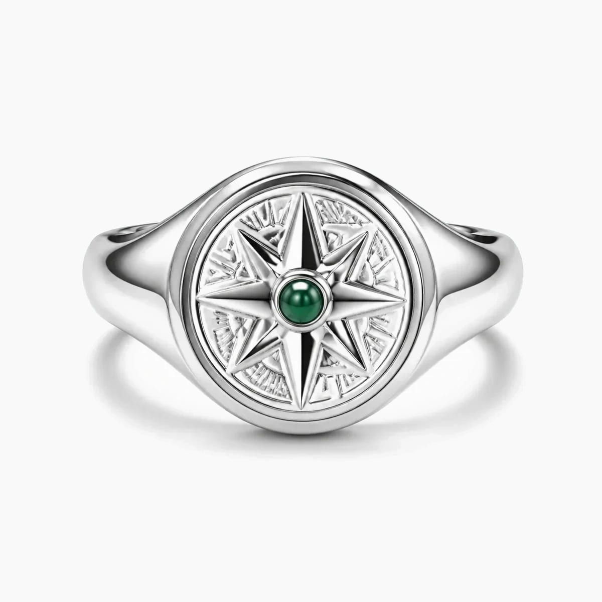 Silver Solstice signetring med en rund grön sten