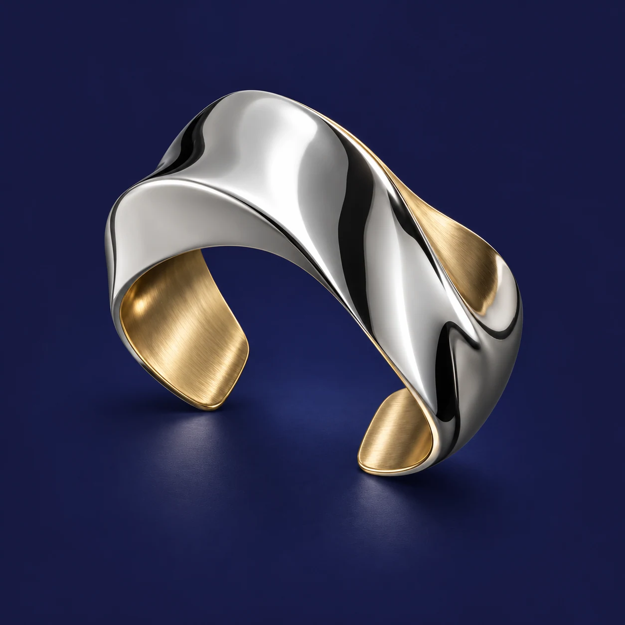 Silver sculptural cuff with gold rim — digital design concept, not manufacturing CAD