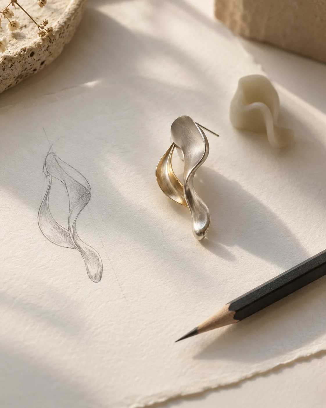 A sculptural earring beside a pencil sketch and wax study — independent design concept