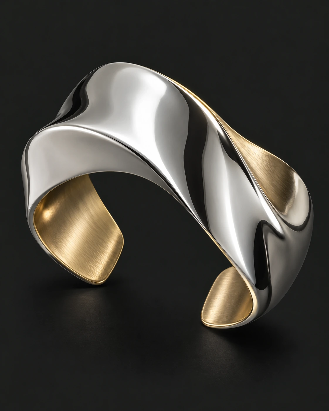 Silver sculptural cuff with gold rim — digital design concept, not manufacturing CAD