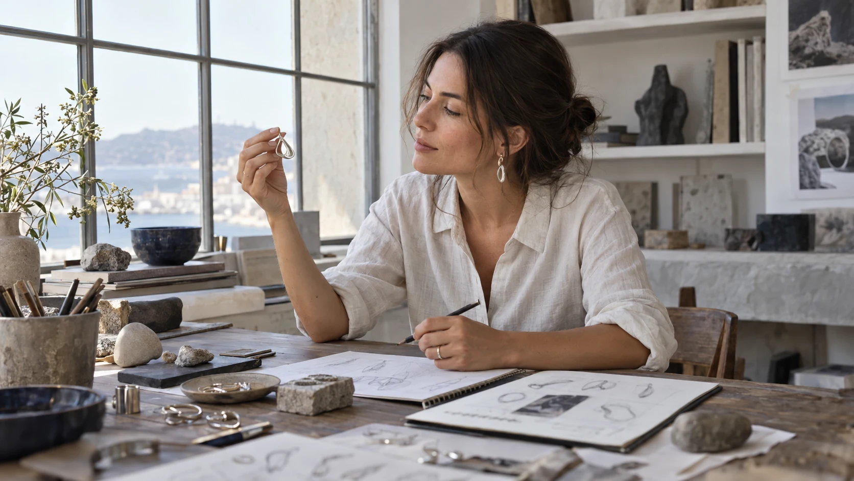 An independent designer considering an earring form, illustrative photography