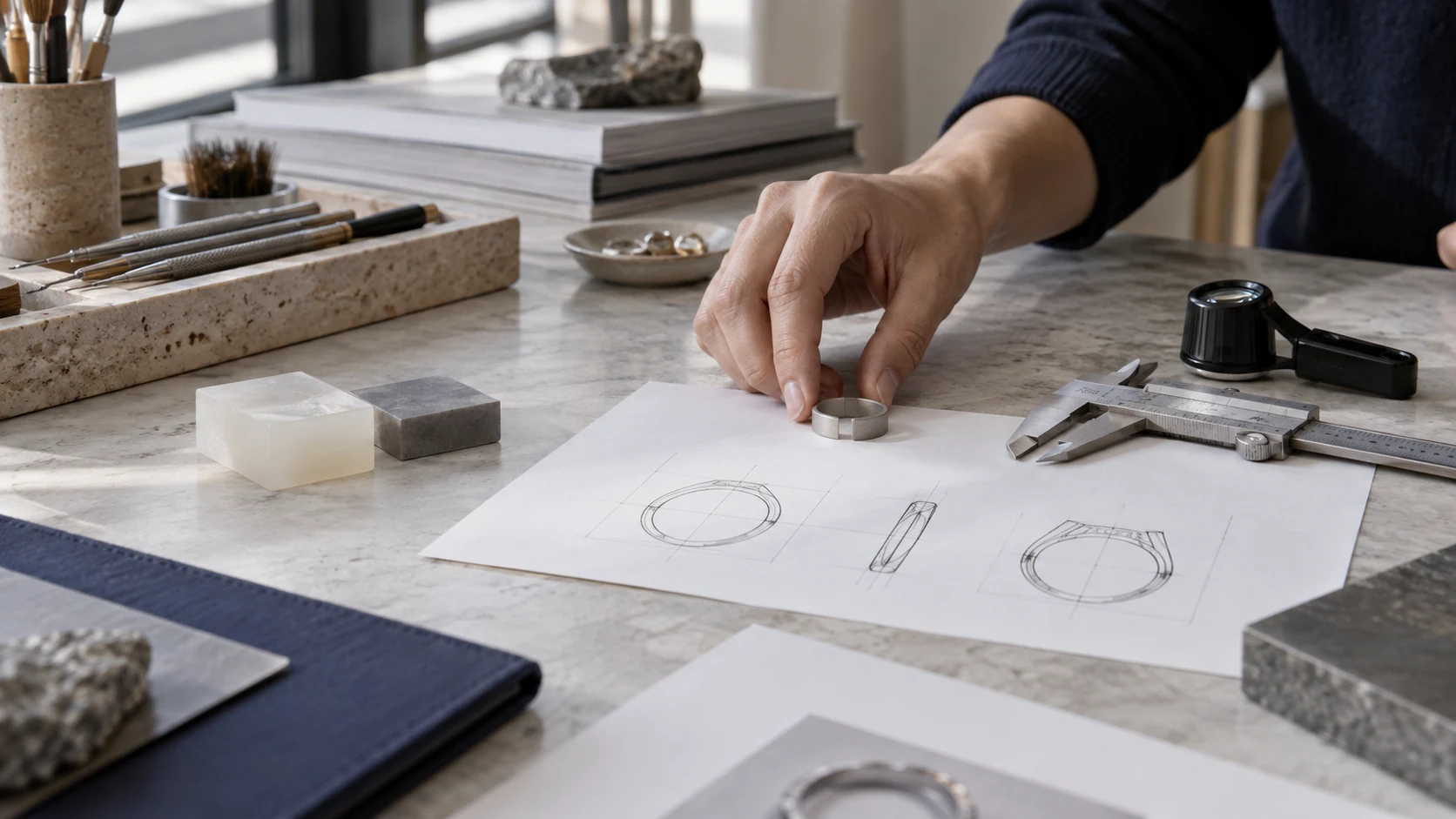 Comparing a ring structure with its drawings, illustrative photography