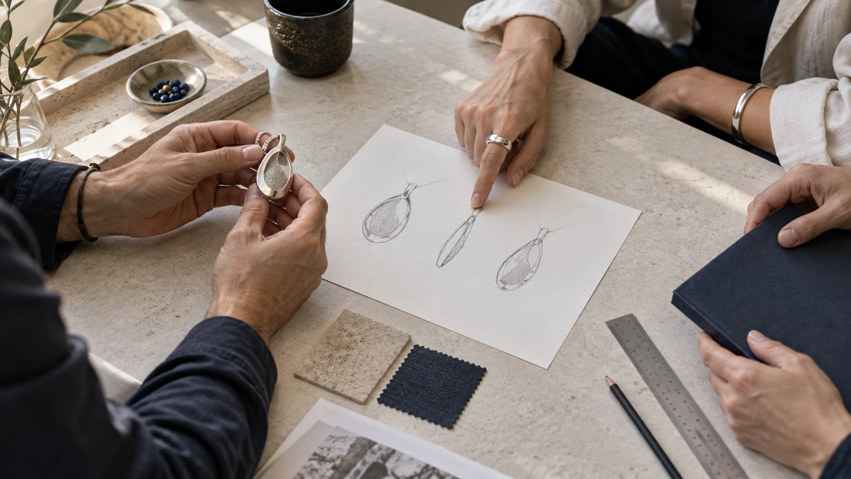 A collaborative sample and drawing review, illustrative photography
