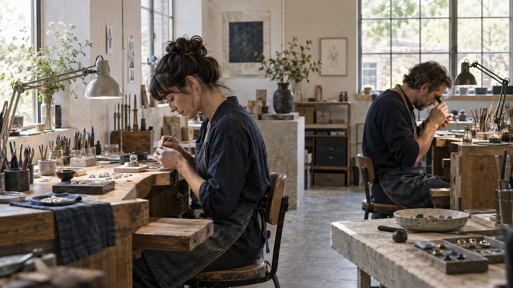 Makers working at jewelry benches, illustrative photography
