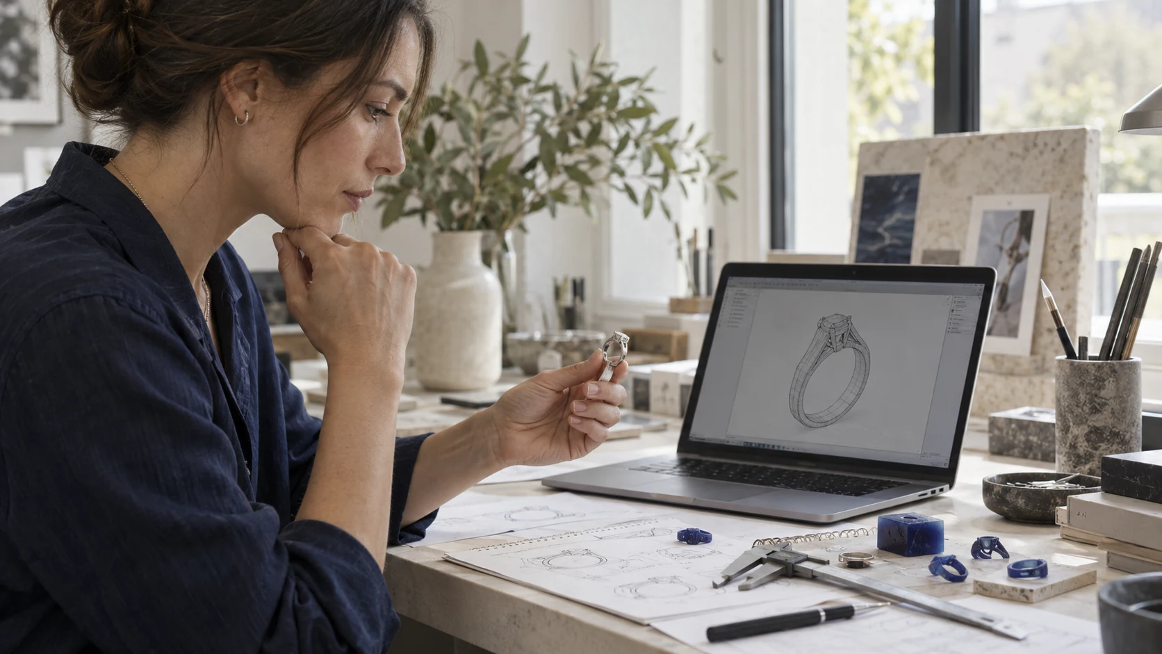 Reviewing a digital jewelry study beside physical samples, illustrative photography