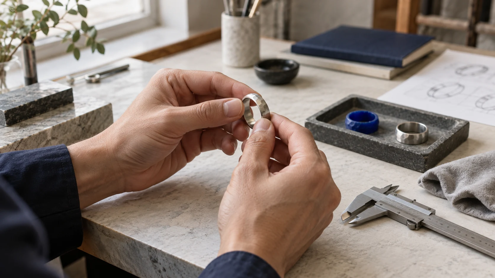 Hands checking the finish and form of a ring sample, illustrative photography