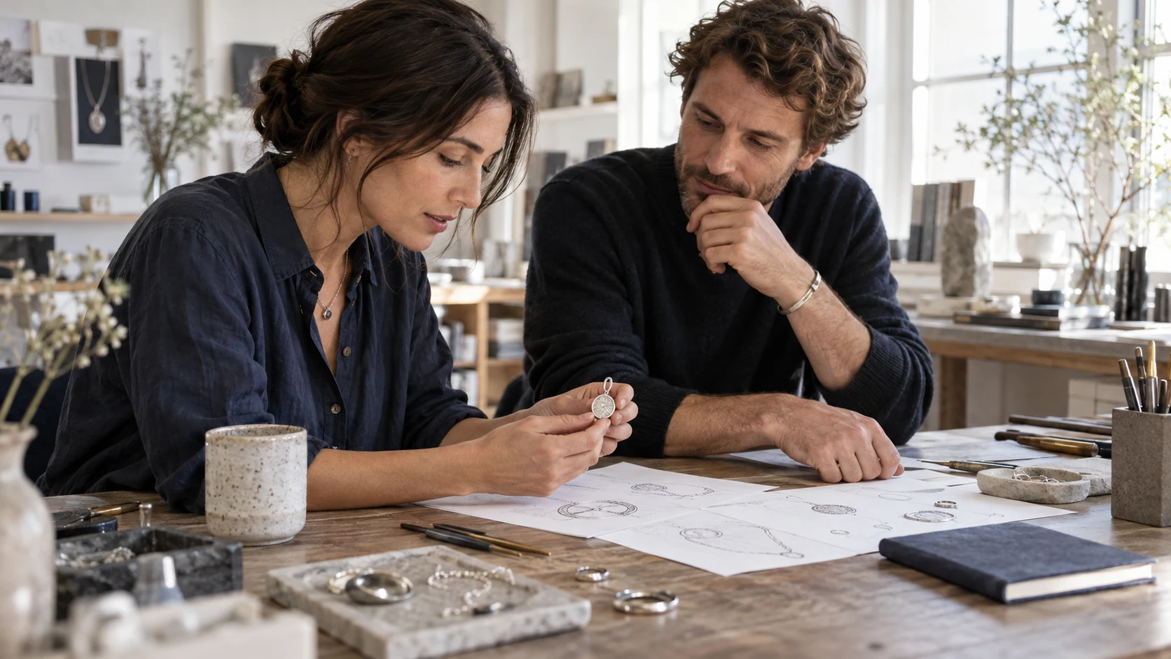 Two designers discussing a jewelry idea, illustrative photography